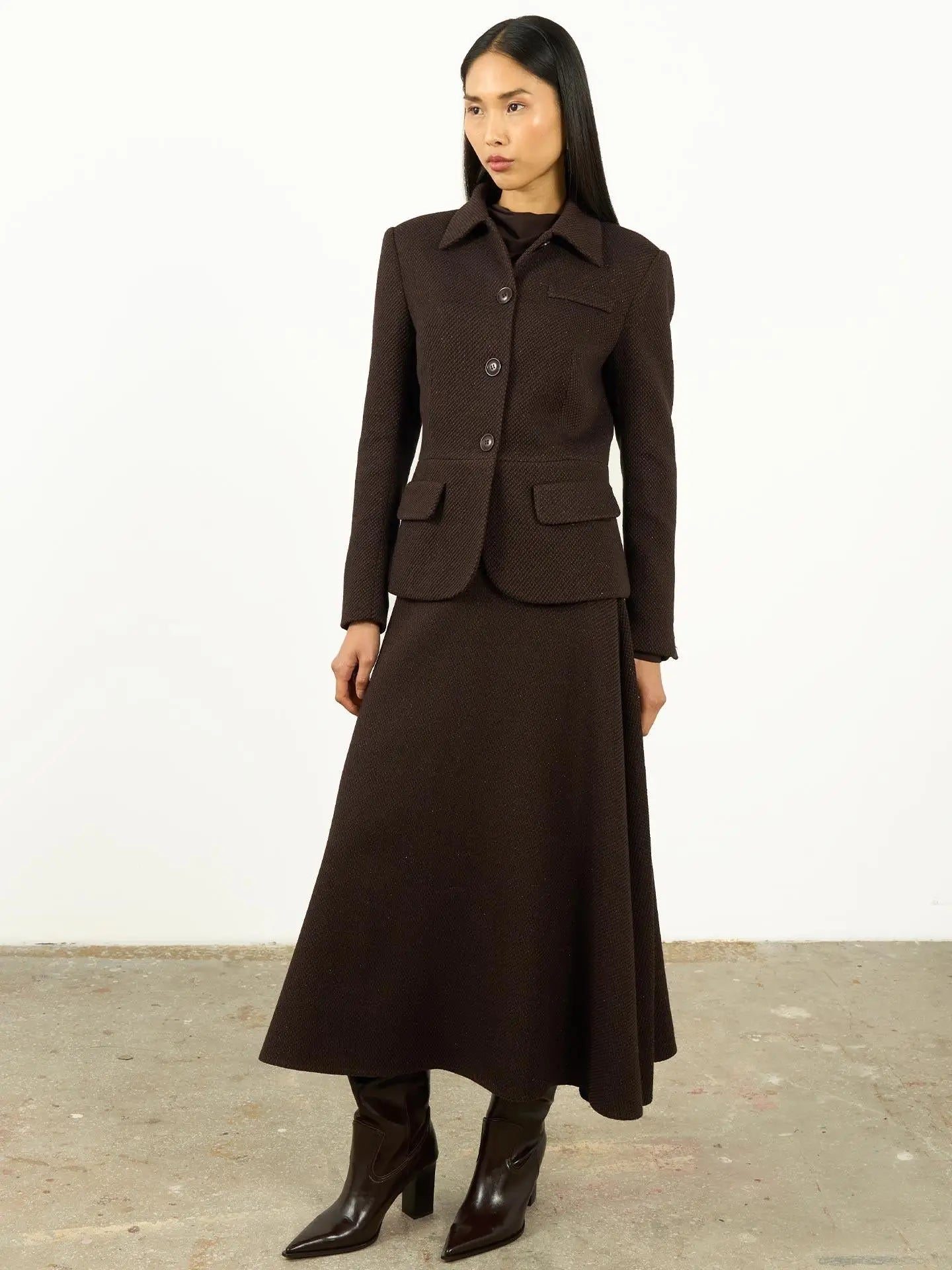 High Waist Textured A-Line Maxi Skirt Brown