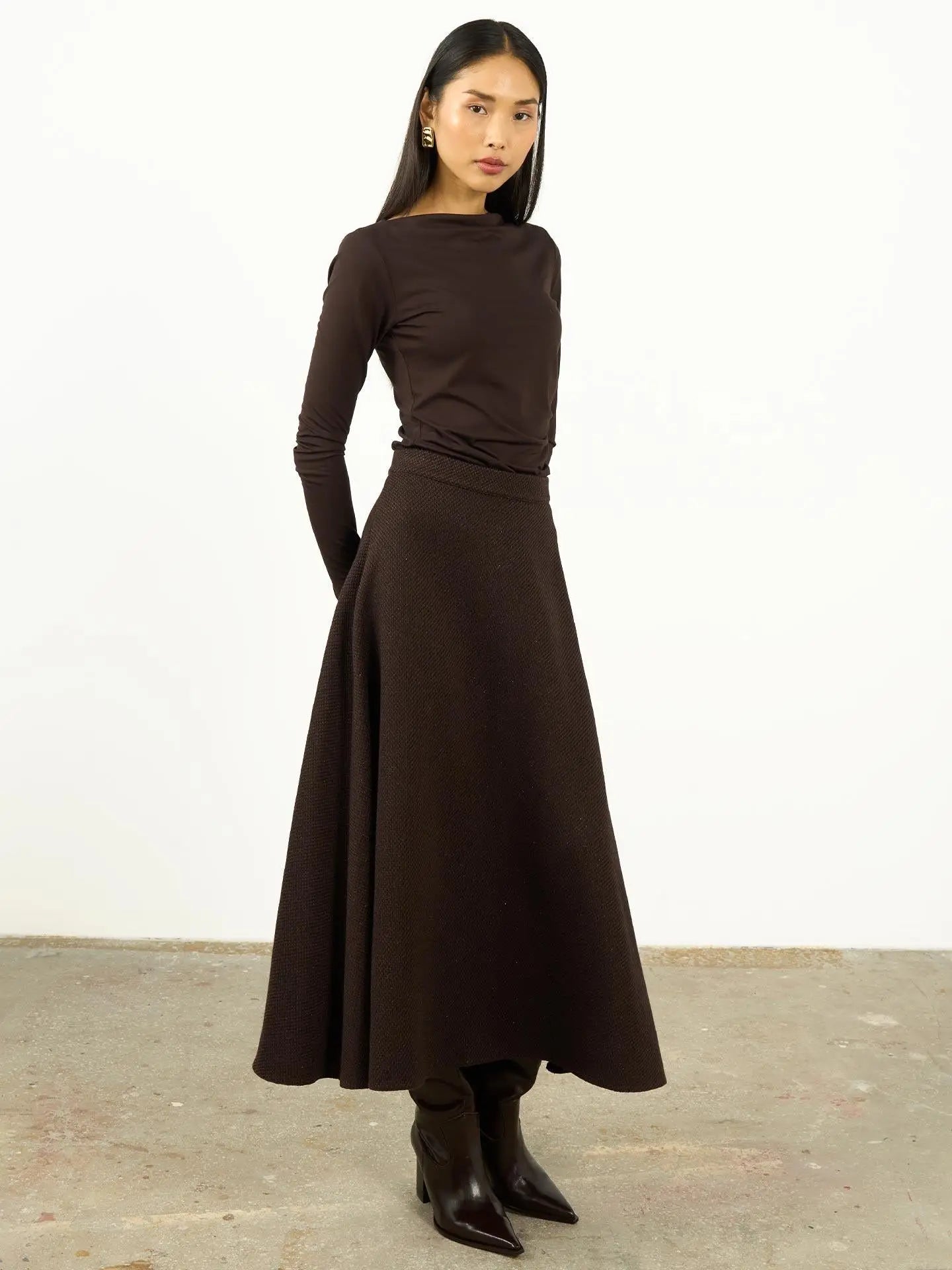 High Waist Textured A-Line Maxi Skirt Brown