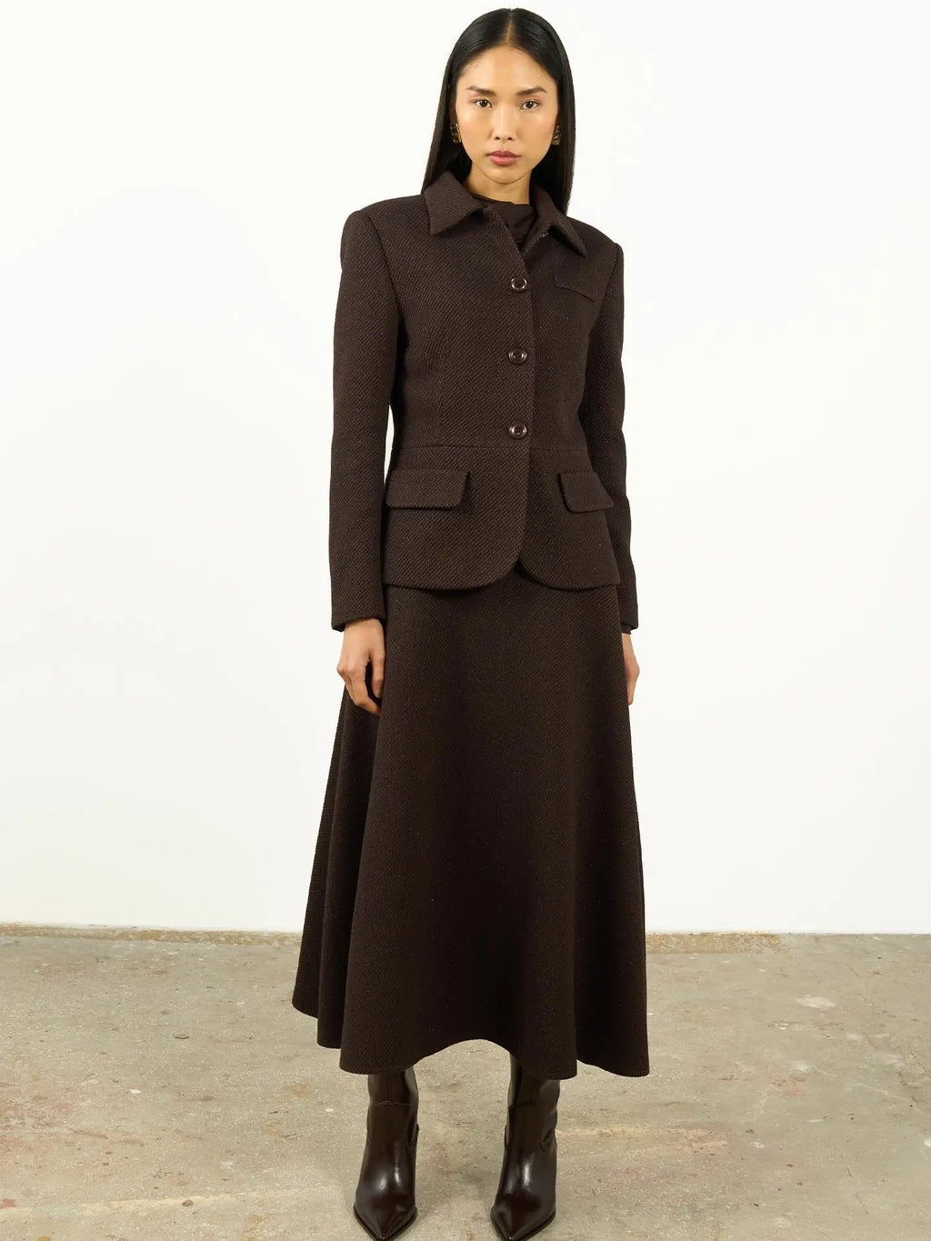 High Waist Textured A-Line Maxi Skirt Brown