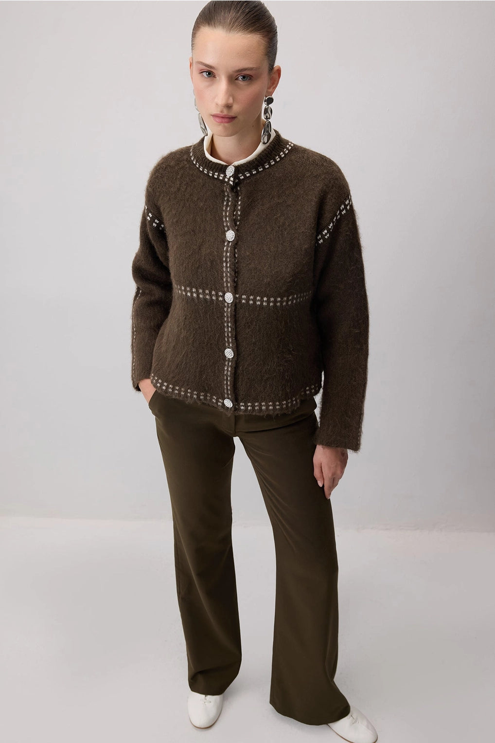 Contrast Trim Button-Front Cardigan