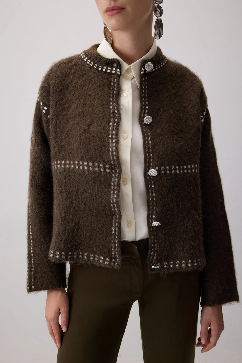 Contrast Trim Button-Front Cardigan