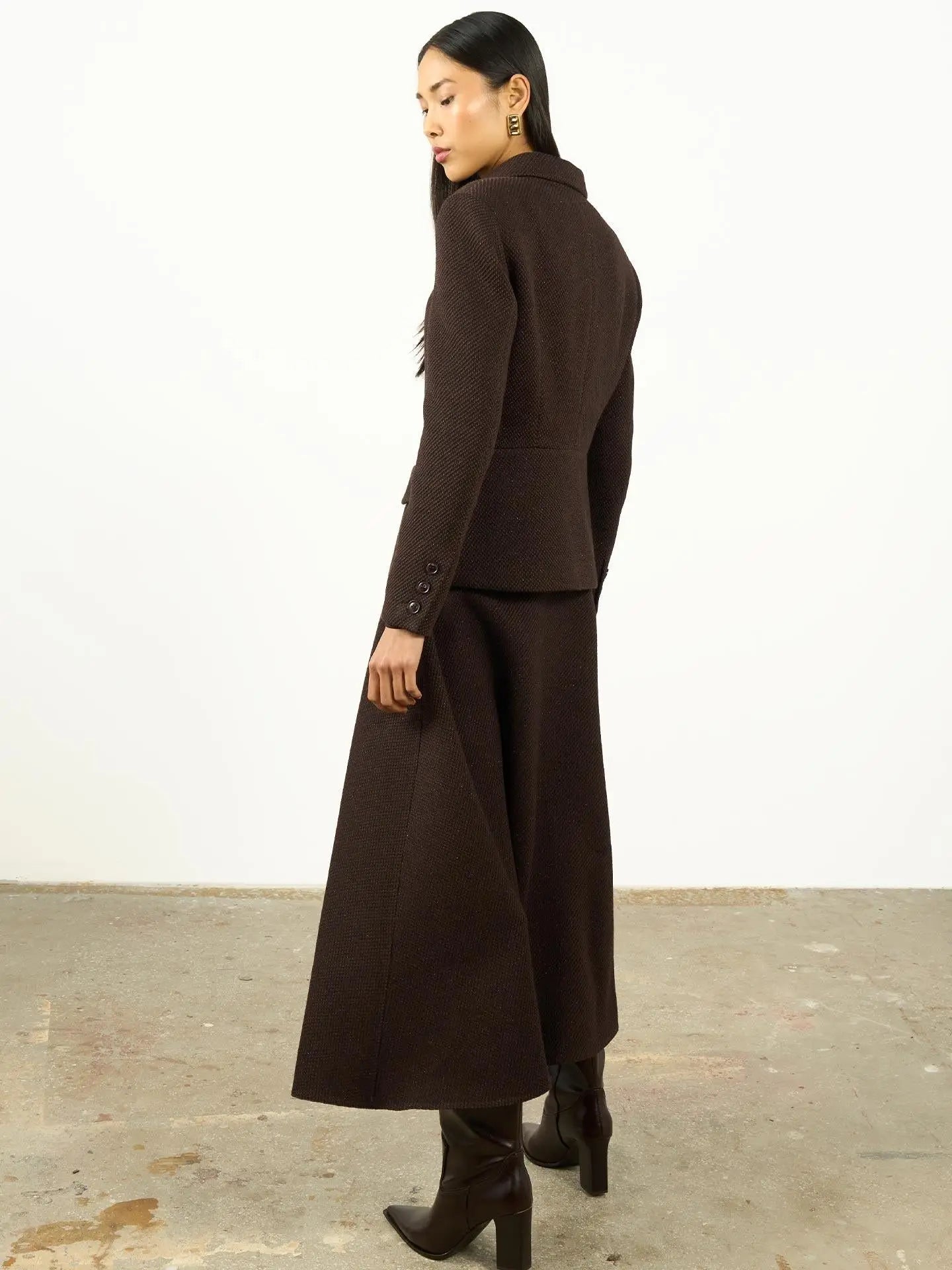 High Waist Textured A-Line Maxi Skirt Brown