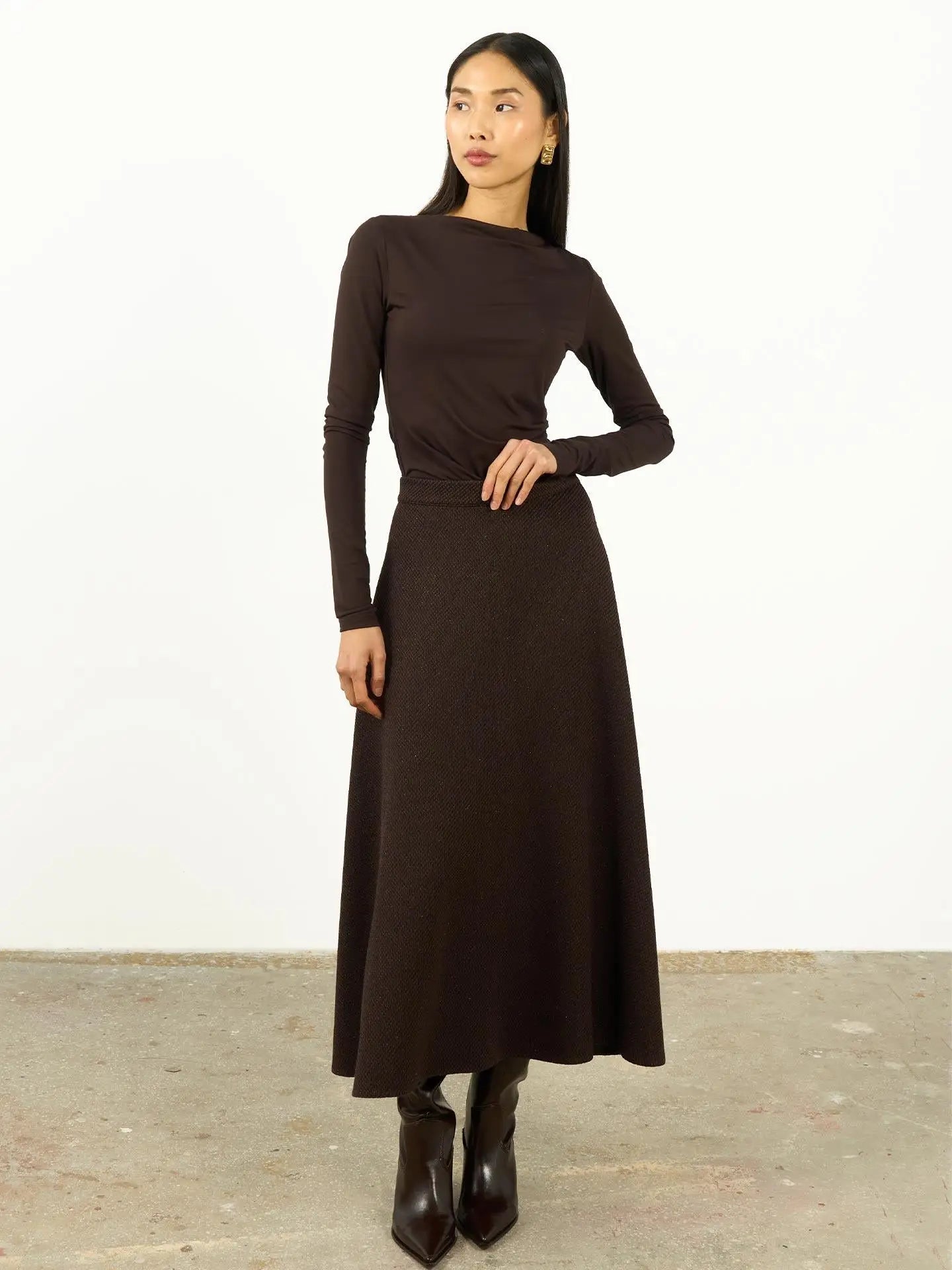 High Waist Textured A-Line Maxi Skirt Brown